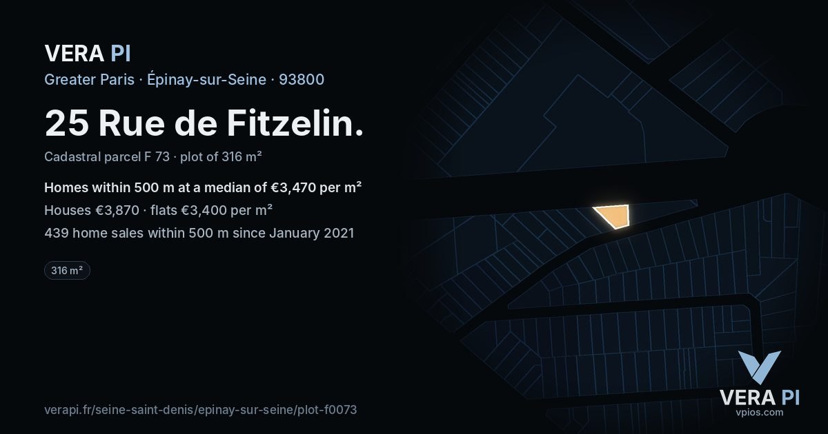 25 Rue de Fitzelin, Épinay-sur-Seine at night – the plot lit, the parcels around coloured by the prices near them