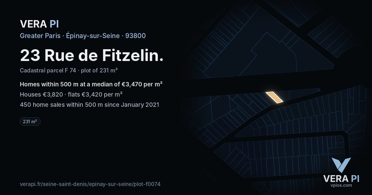 23 Rue de Fitzelin, Épinay-sur-Seine at night – the plot lit, the parcels around coloured by the prices near them