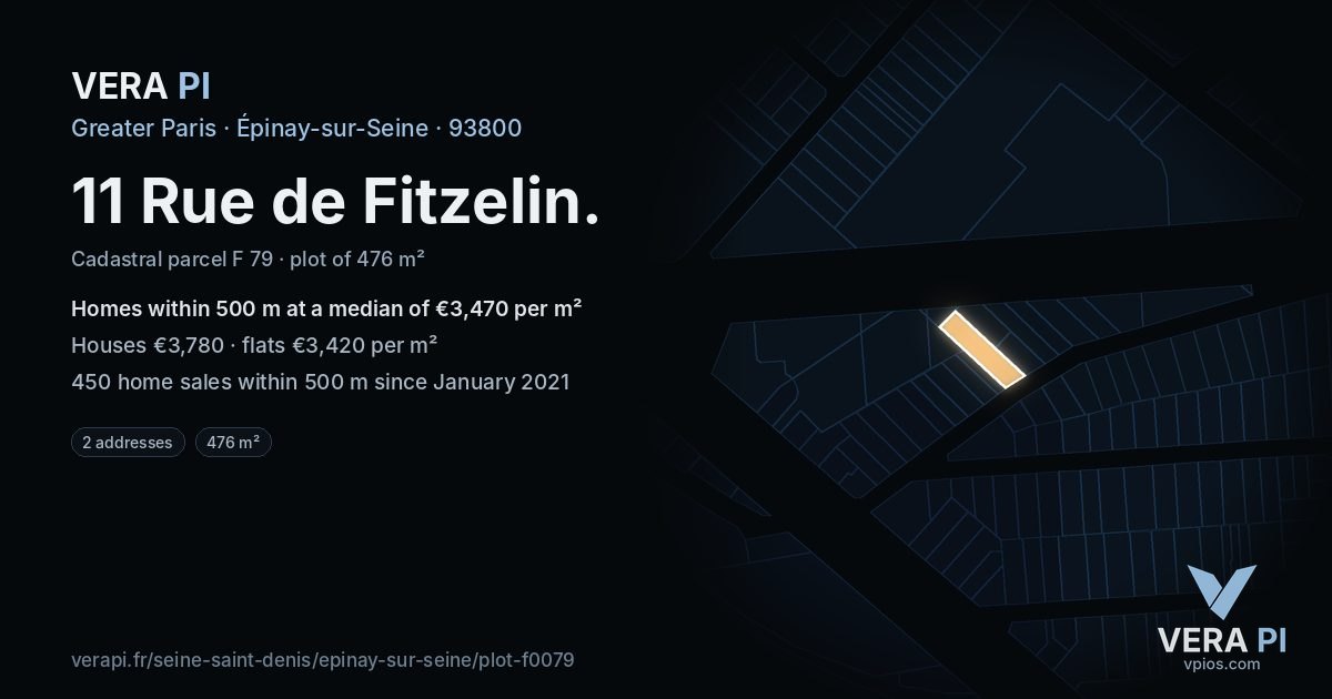 11 Rue de Fitzelin, Épinay-sur-Seine at night – the plot lit, the parcels around coloured by the prices near them