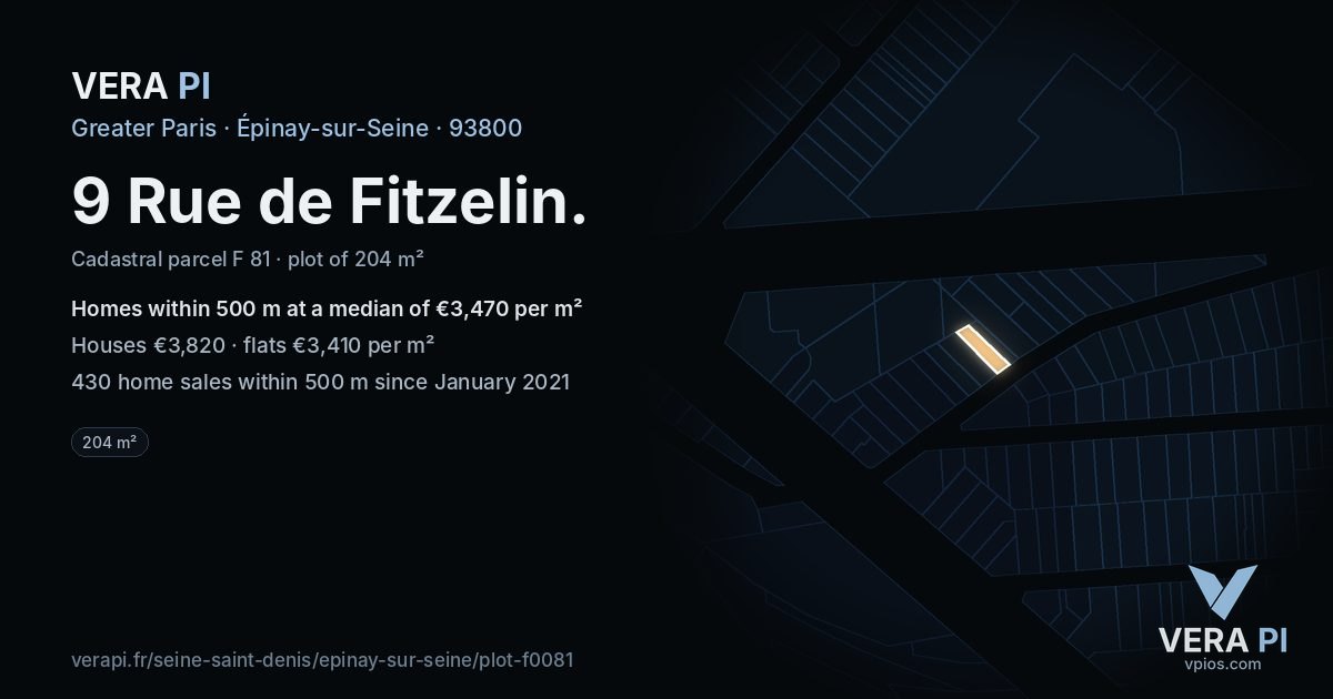 9 Rue de Fitzelin, Épinay-sur-Seine at night – the plot lit, the parcels around coloured by the prices near them