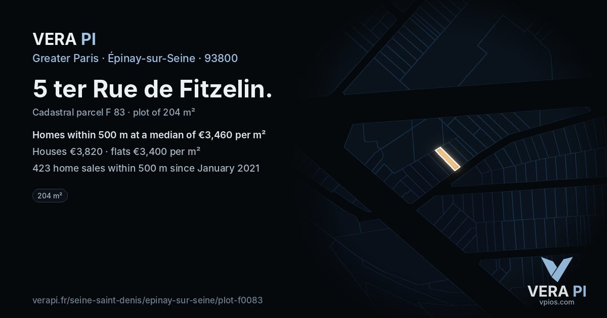 5 ter Rue de Fitzelin, Épinay-sur-Seine at night – the plot lit, the parcels around coloured by the prices near them