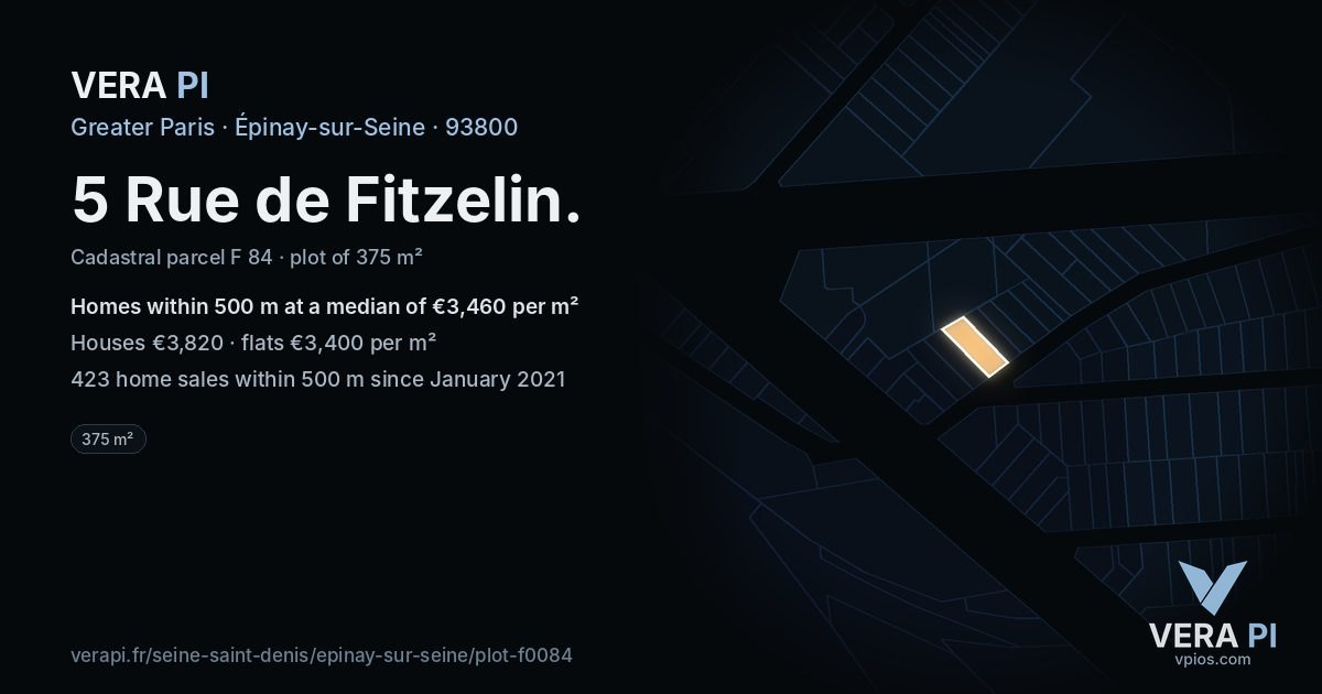 5 Rue de Fitzelin, Épinay-sur-Seine at night – the plot lit, the parcels around coloured by the prices near them