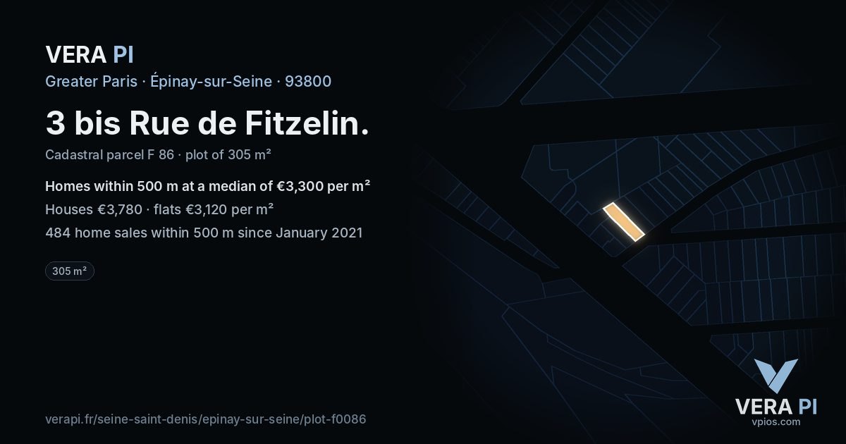 3 bis Rue de Fitzelin, Épinay-sur-Seine at night – the plot lit, the parcels around coloured by the prices near them