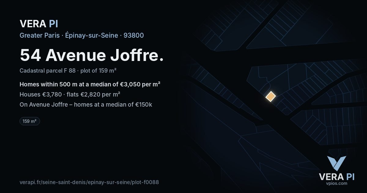 54 Avenue Joffre, Épinay-sur-Seine at night – the plot lit, the parcels around coloured by the prices near them