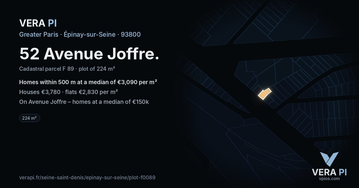 52 Avenue Joffre, Épinay-sur-Seine at night – the plot lit, the parcels around coloured by the prices near them
