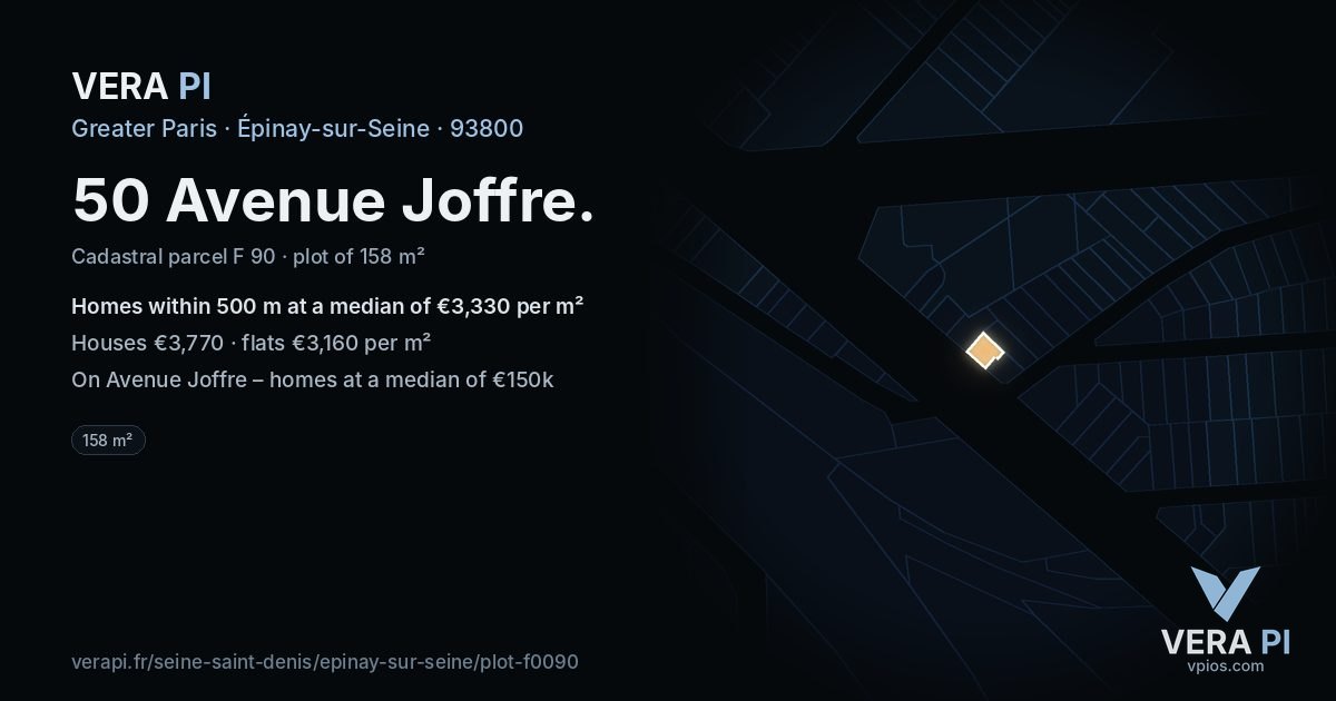 50 Avenue Joffre, Épinay-sur-Seine at night – the plot lit, the parcels around coloured by the prices near them