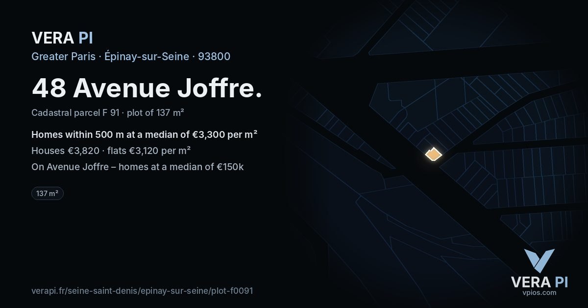 48 Avenue Joffre, Épinay-sur-Seine at night – the plot lit, the parcels around coloured by the prices near them