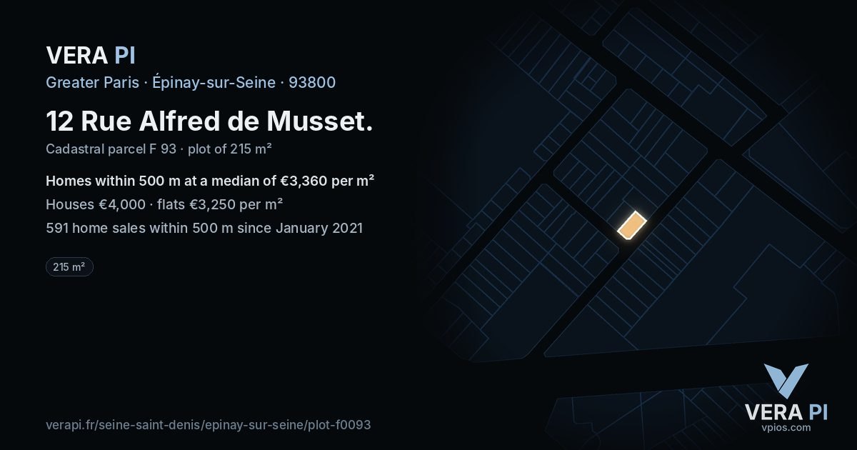 12 Rue Alfred de Musset, Épinay-sur-Seine at night – the plot lit, the parcels around coloured by the prices near them