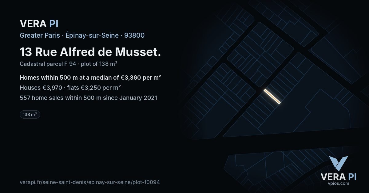 13 Rue Alfred de Musset, Épinay-sur-Seine at night – the plot lit, the parcels around coloured by the prices near them