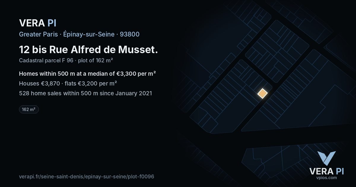 12 bis Rue Alfred de Musset, Épinay-sur-Seine at night – the plot lit, the parcels around coloured by the prices near them