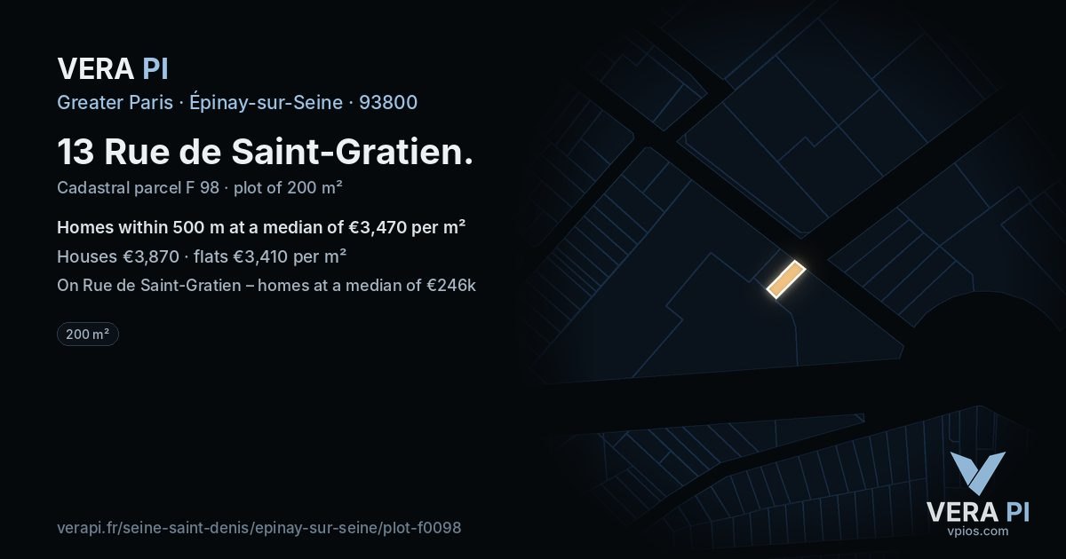 13 Rue de Saint-Gratien, Épinay-sur-Seine at night – the plot lit, the parcels around coloured by the prices near them