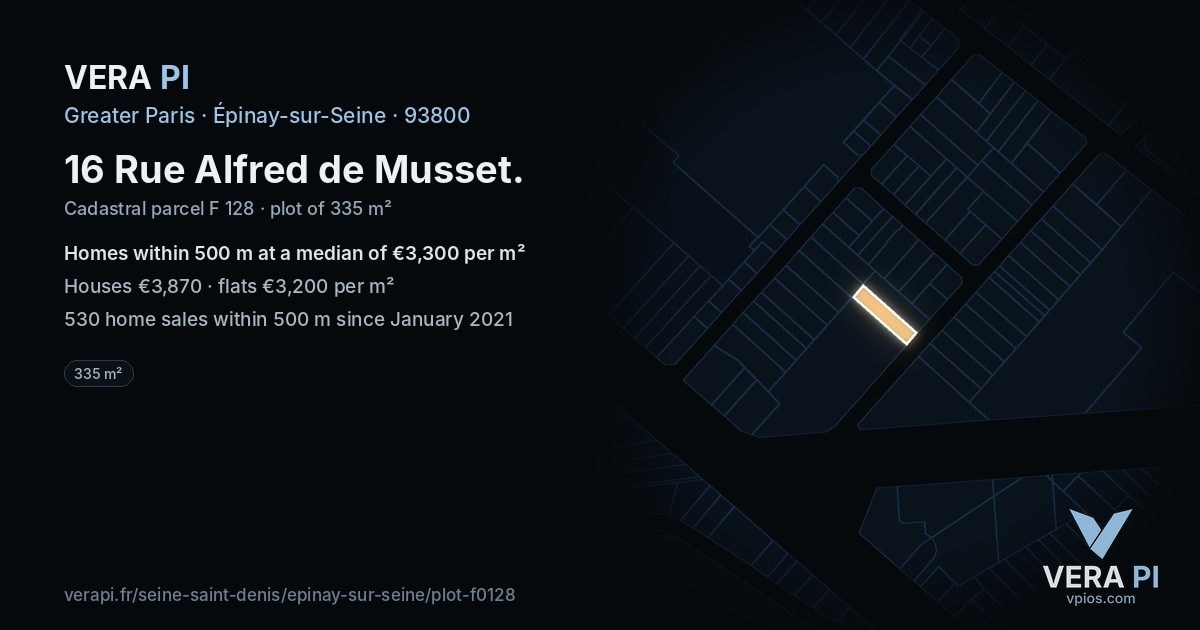 16 Rue Alfred de Musset, Épinay-sur-Seine at night – the plot lit, the parcels around coloured by the prices near them