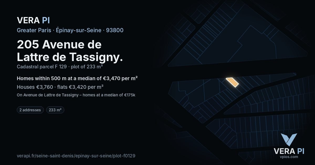 205 Avenue de Lattre de Tassigny, Épinay-sur-Seine at night – the plot lit, the parcels around coloured by the prices near them