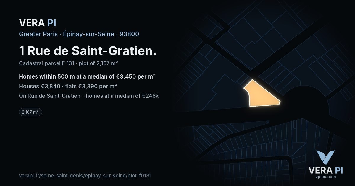 1 Rue de Saint-Gratien, Épinay-sur-Seine at night – the plot lit, the parcels around coloured by the prices near them
