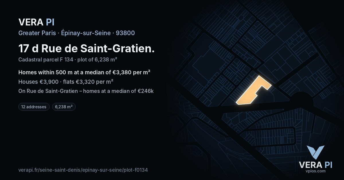 17 d Rue de Saint-Gratien, Épinay-sur-Seine at night – the plot lit, the parcels around coloured by the prices near them