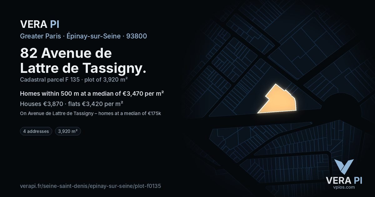 82 Avenue de Lattre de Tassigny, Épinay-sur-Seine at night – the plot lit, the parcels around coloured by the prices near them