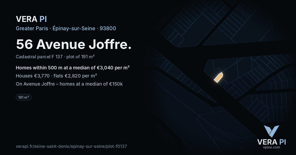 56 Avenue Joffre, Épinay-sur-Seine at night – the plot lit, the parcels around coloured by the prices near them