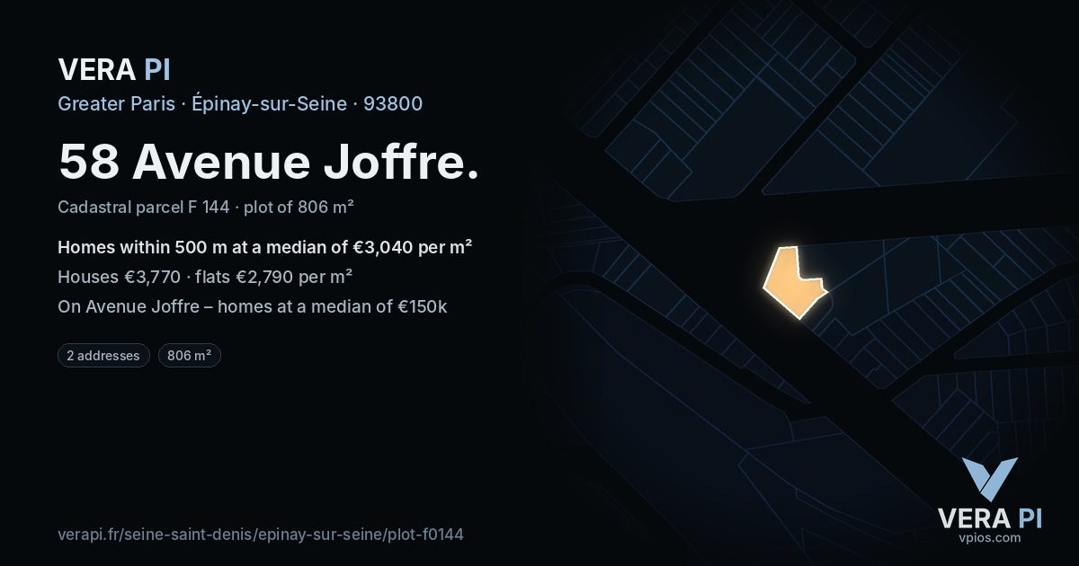 58 Avenue Joffre, Épinay-sur-Seine at night – the plot lit, the parcels around coloured by the prices near them