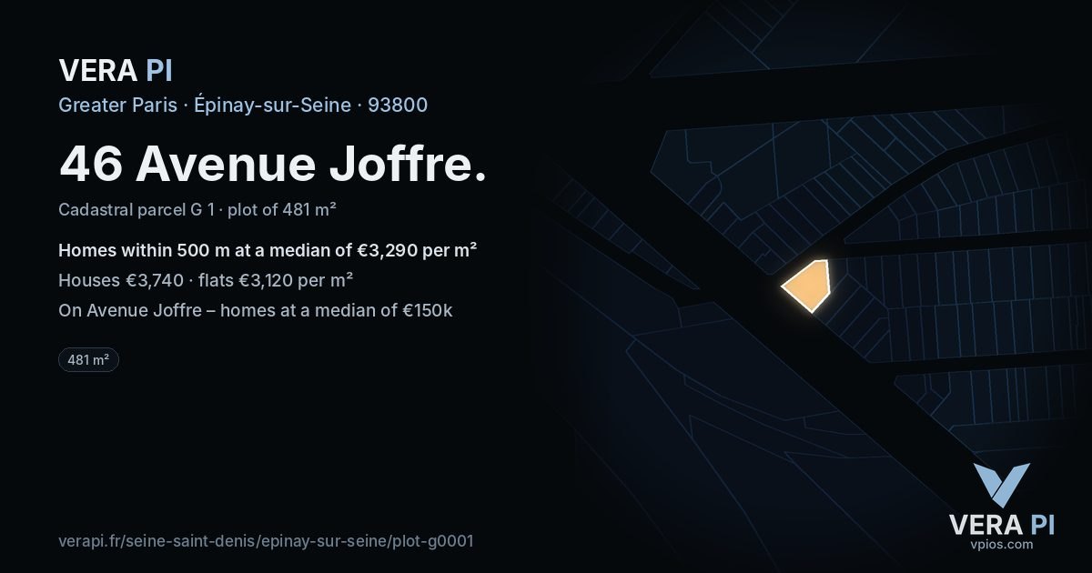 46 Avenue Joffre, Épinay-sur-Seine at night – the plot lit, the parcels around coloured by the prices near them