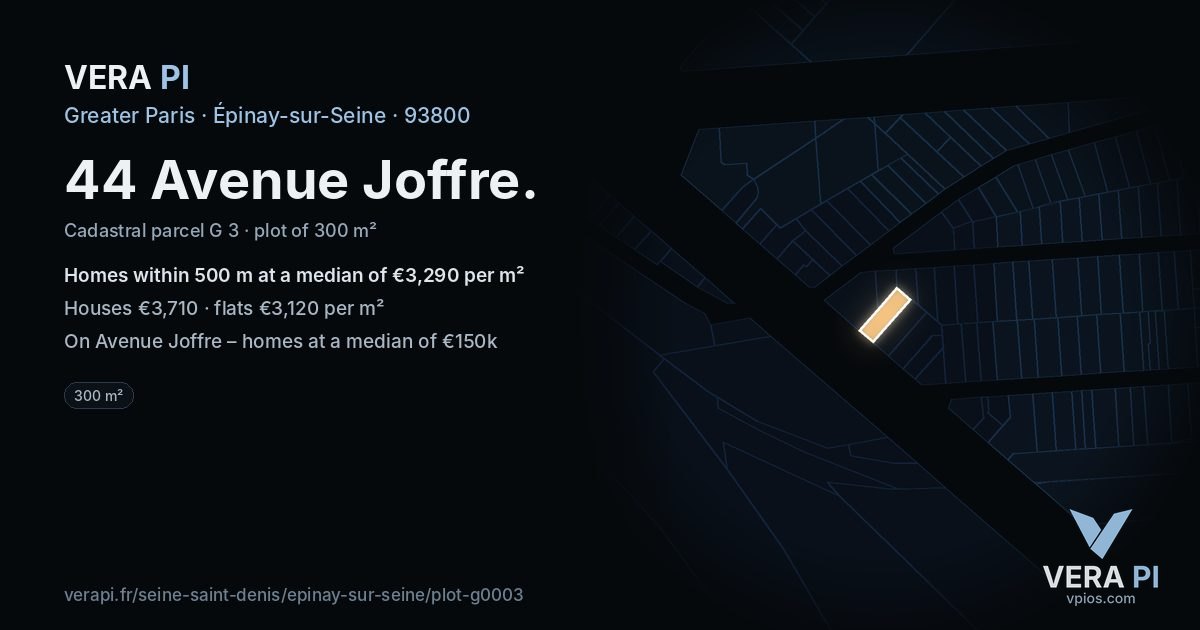 44 Avenue Joffre, Épinay-sur-Seine at night – the plot lit, the parcels around coloured by the prices near them