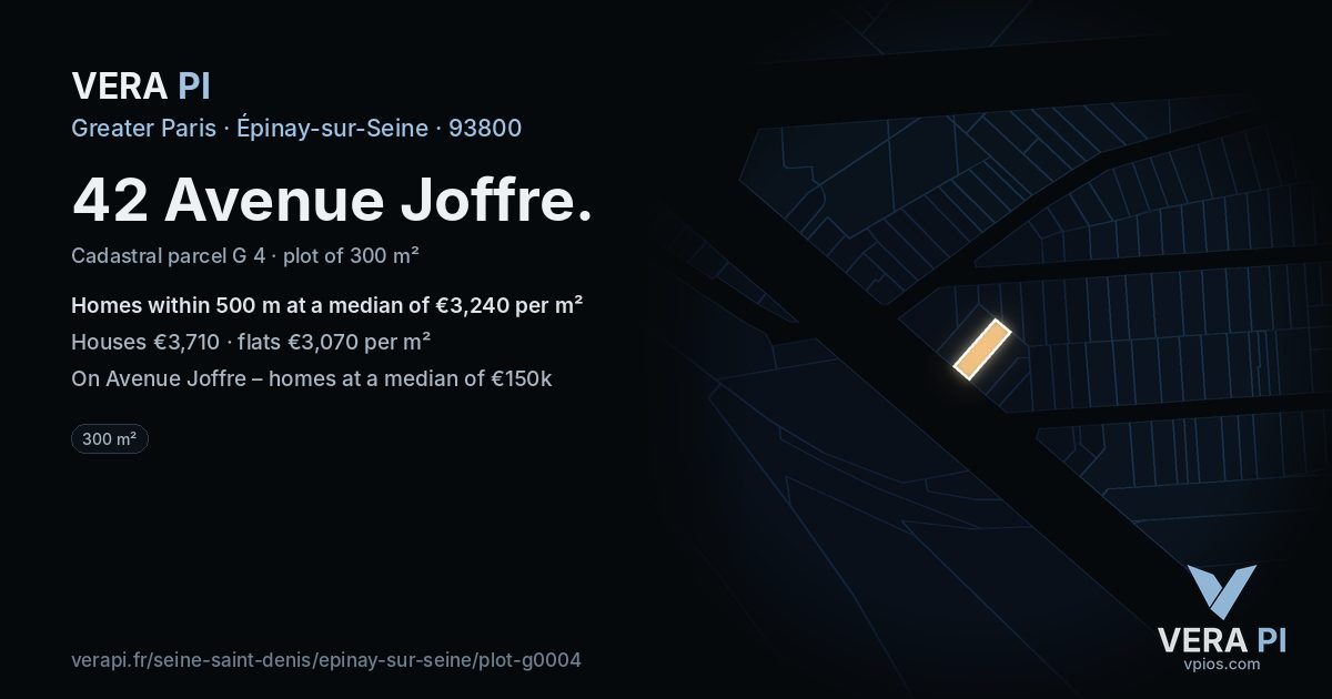 42 Avenue Joffre, Épinay-sur-Seine at night – the plot lit, the parcels around coloured by the prices near them