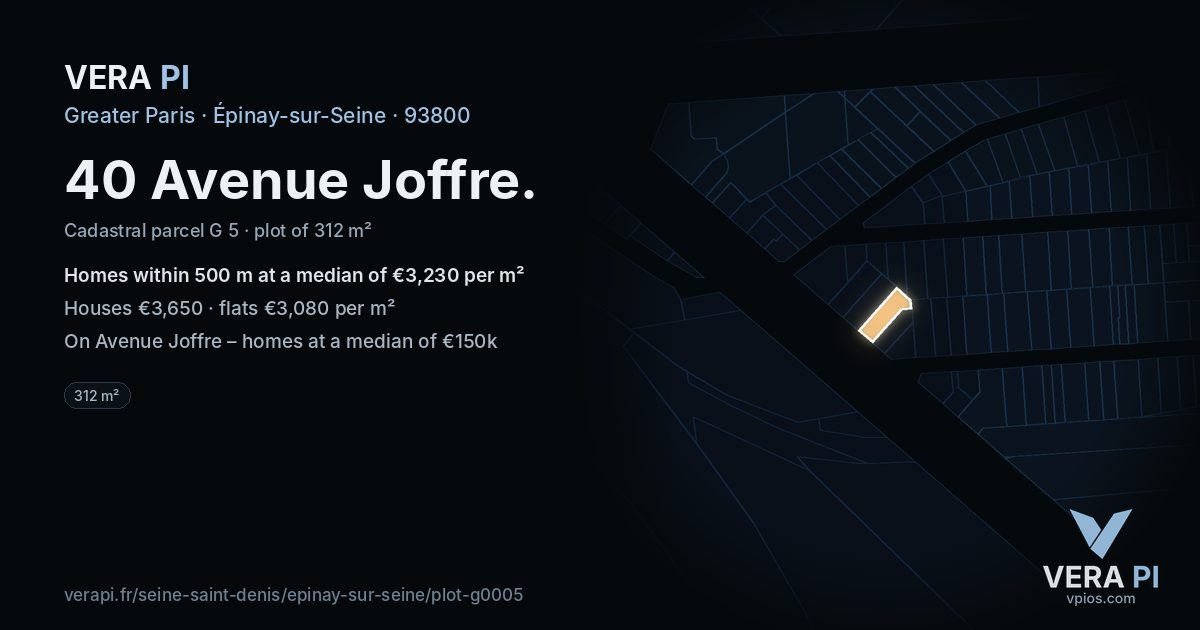 40 Avenue Joffre, Épinay-sur-Seine at night – the plot lit, the parcels around coloured by the prices near them