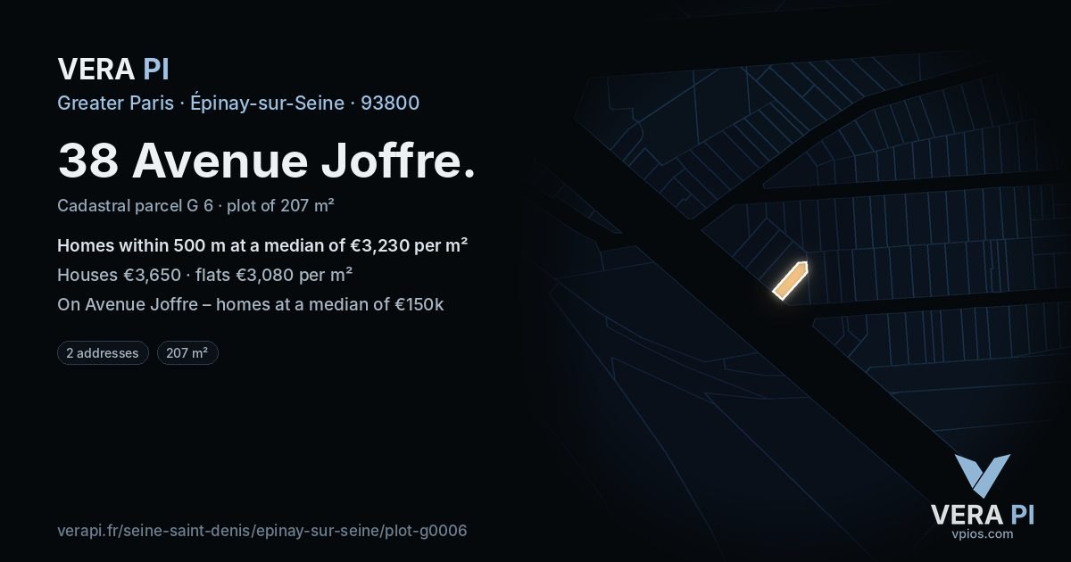 38 Avenue Joffre, Épinay-sur-Seine at night – the plot lit, the parcels around coloured by the prices near them