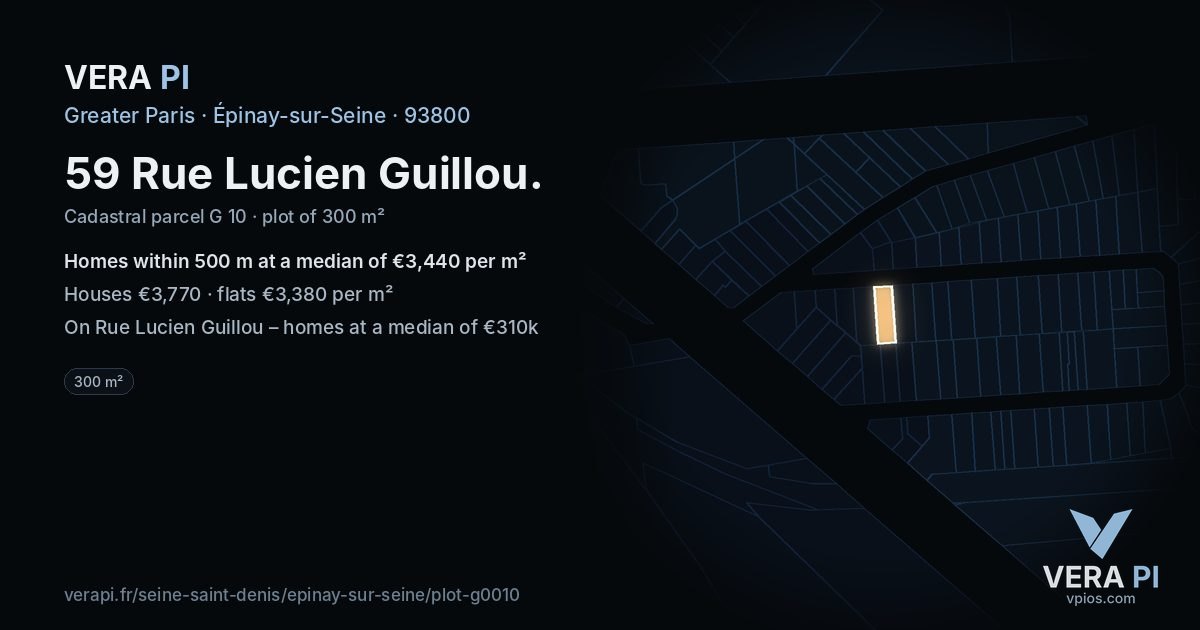 59 Rue Lucien Guillou, Épinay-sur-Seine at night – the plot lit, the parcels around coloured by the prices near them