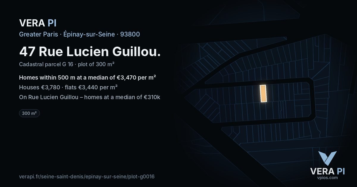 47 Rue Lucien Guillou, Épinay-sur-Seine at night – the plot lit, the parcels around coloured by the prices near them