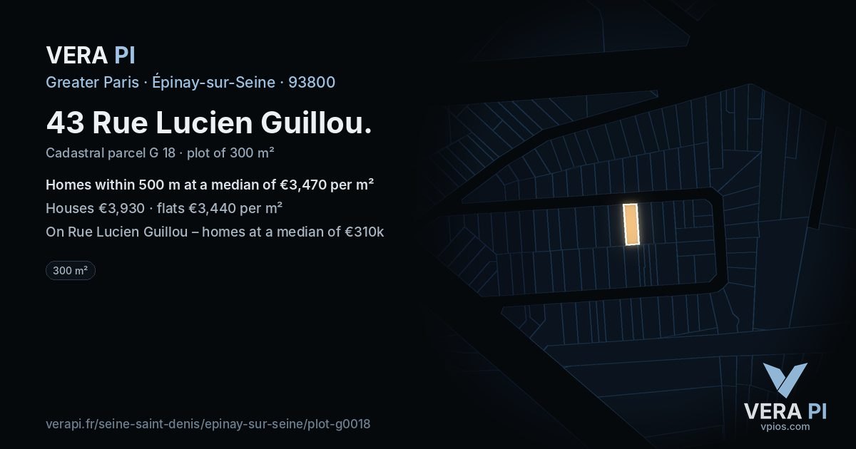 43 Rue Lucien Guillou, Épinay-sur-Seine at night – the plot lit, the parcels around coloured by the prices near them