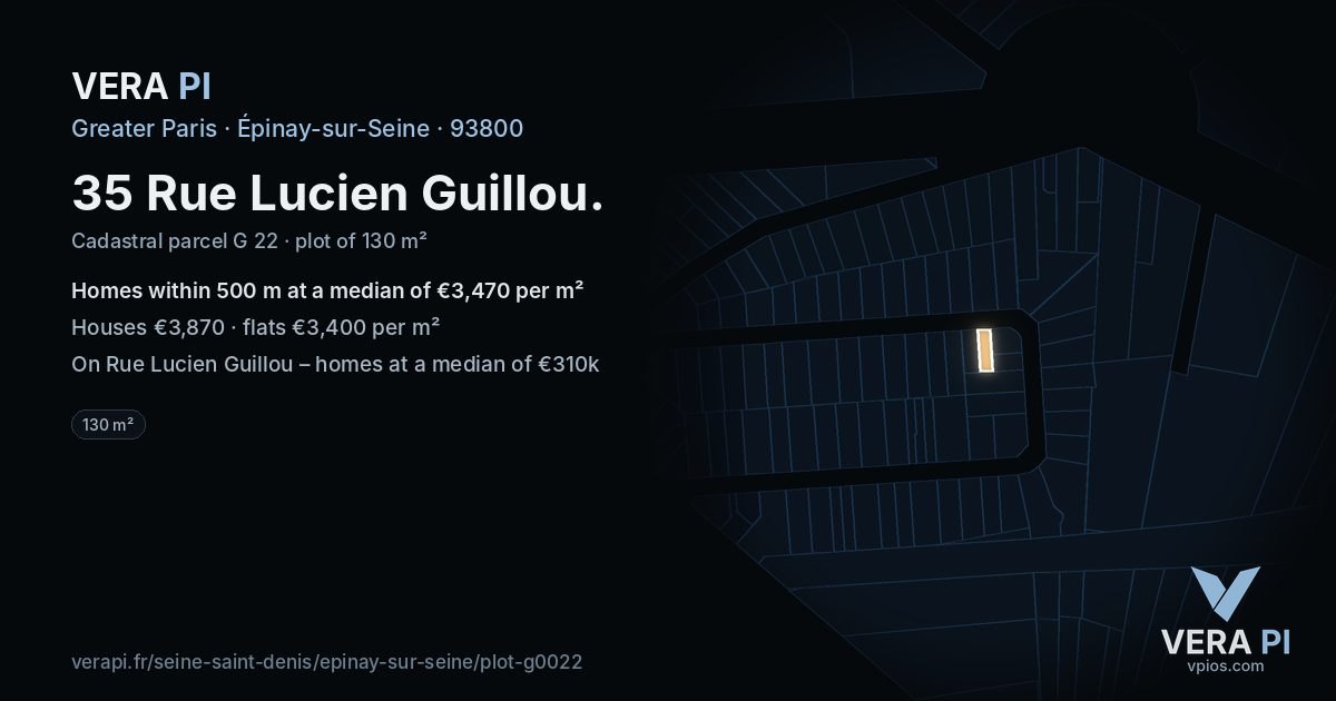 35 Rue Lucien Guillou, Épinay-sur-Seine at night – the plot lit, the parcels around coloured by the prices near them