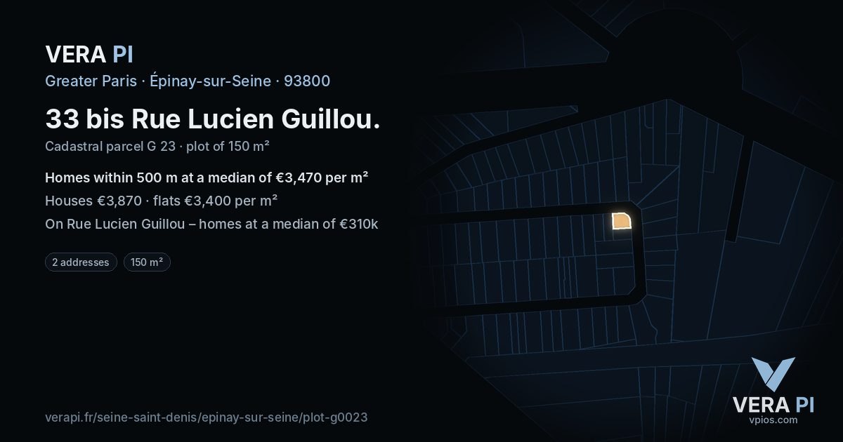 33 bis Rue Lucien Guillou, Épinay-sur-Seine at night – the plot lit, the parcels around coloured by the prices near them