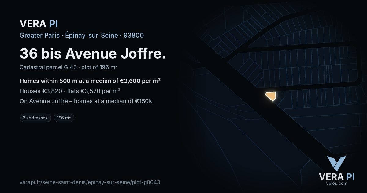36 bis Avenue Joffre, Épinay-sur-Seine at night – the plot lit, the parcels around coloured by the prices near them