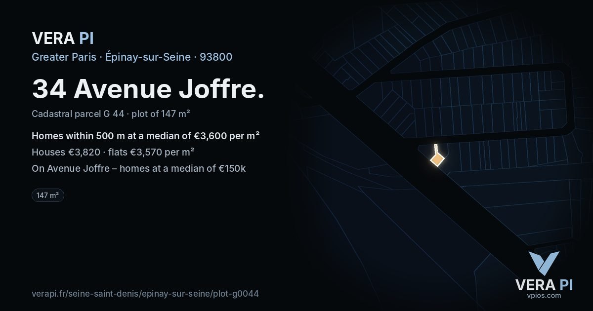 34 Avenue Joffre, Épinay-sur-Seine at night – the plot lit, the parcels around coloured by the prices near them