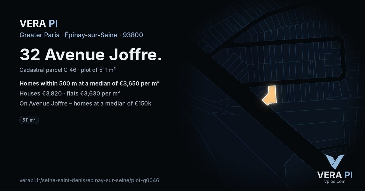 32 Avenue Joffre, Épinay-sur-Seine at night – the plot lit, the parcels around coloured by the prices near them