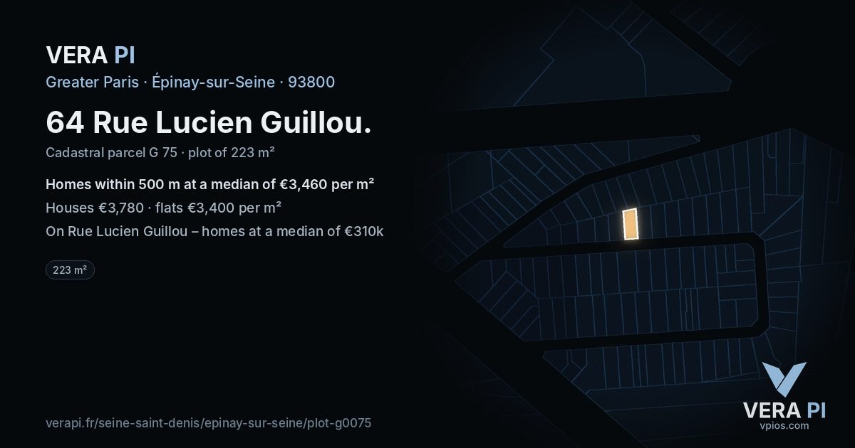 64 Rue Lucien Guillou, Épinay-sur-Seine at night – the plot lit, the parcels around coloured by the prices near them