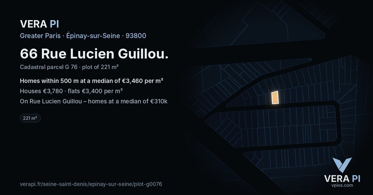 66 Rue Lucien Guillou, Épinay-sur-Seine at night – the plot lit, the parcels around coloured by the prices near them