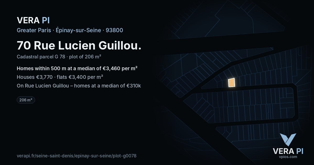 70 Rue Lucien Guillou, Épinay-sur-Seine at night – the plot lit, the parcels around coloured by the prices near them