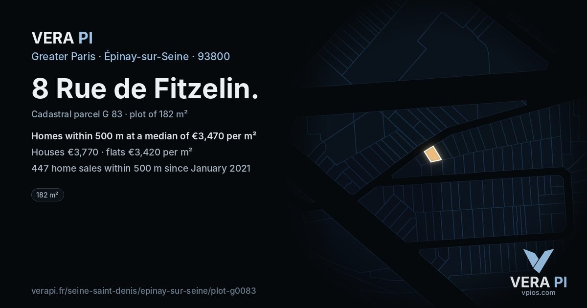 8 Rue de Fitzelin, Épinay-sur-Seine at night – the plot lit, the parcels around coloured by the prices near them