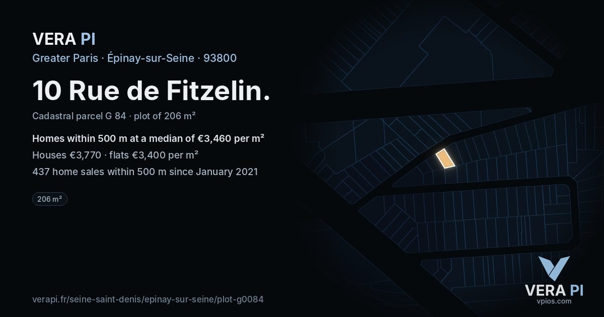 10 Rue de Fitzelin, Épinay-sur-Seine at night – the plot lit, the parcels around coloured by the prices near them