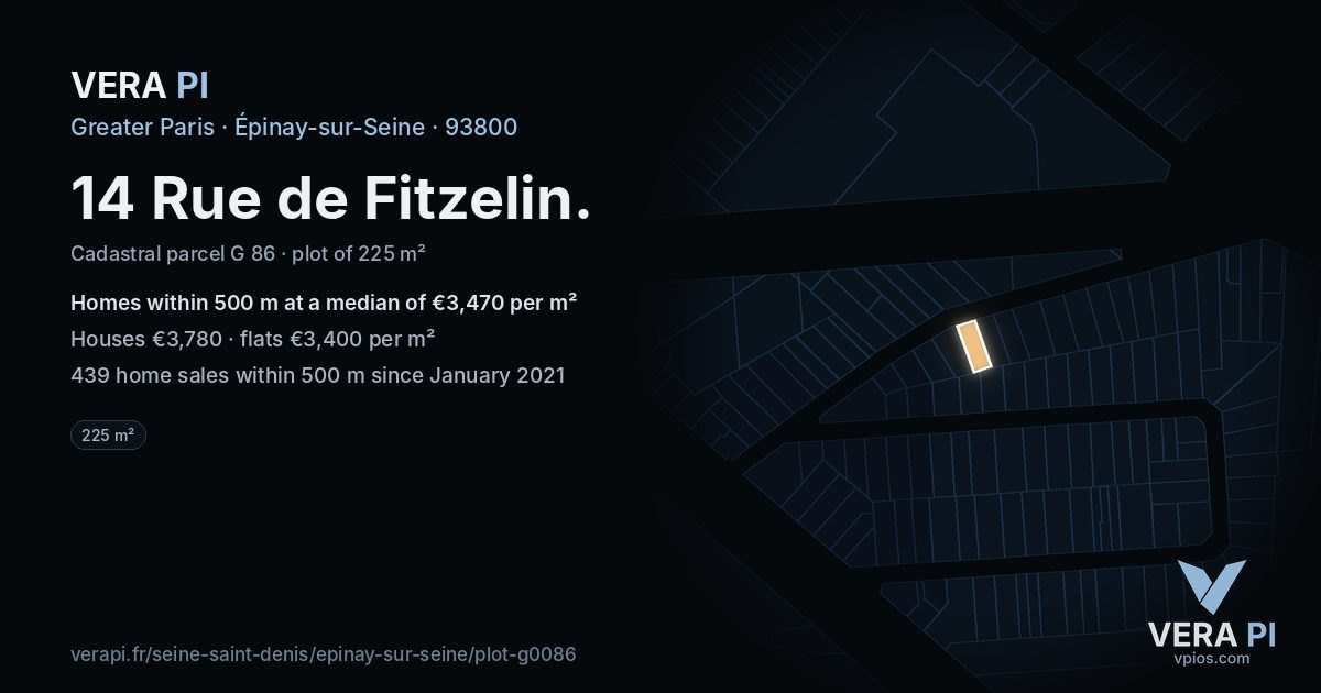14 Rue de Fitzelin, Épinay-sur-Seine at night – the plot lit, the parcels around coloured by the prices near them