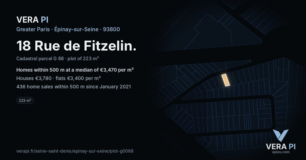 18 Rue de Fitzelin, Épinay-sur-Seine at night – the plot lit, the parcels around coloured by the prices near them