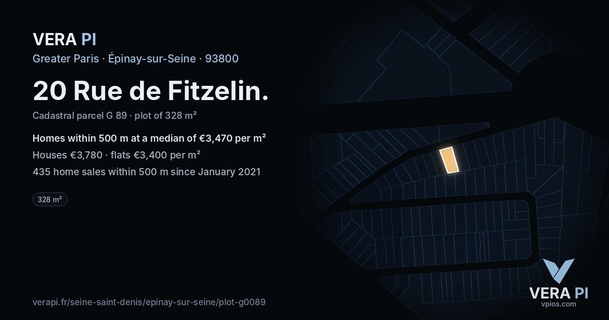 20 Rue de Fitzelin, Épinay-sur-Seine at night – the plot lit, the parcels around coloured by the prices near them