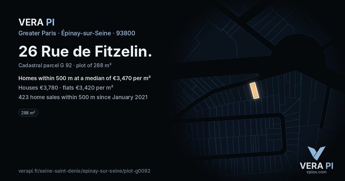 26 Rue de Fitzelin, Épinay-sur-Seine at night – the plot lit, the parcels around coloured by the prices near them