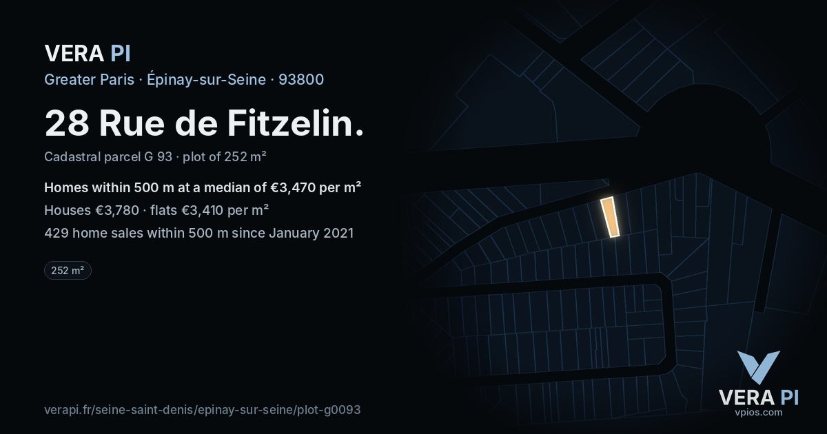 28 Rue de Fitzelin, Épinay-sur-Seine at night – the plot lit, the parcels around coloured by the prices near them