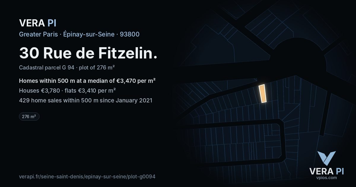 30 Rue de Fitzelin, Épinay-sur-Seine at night – the plot lit, the parcels around coloured by the prices near them