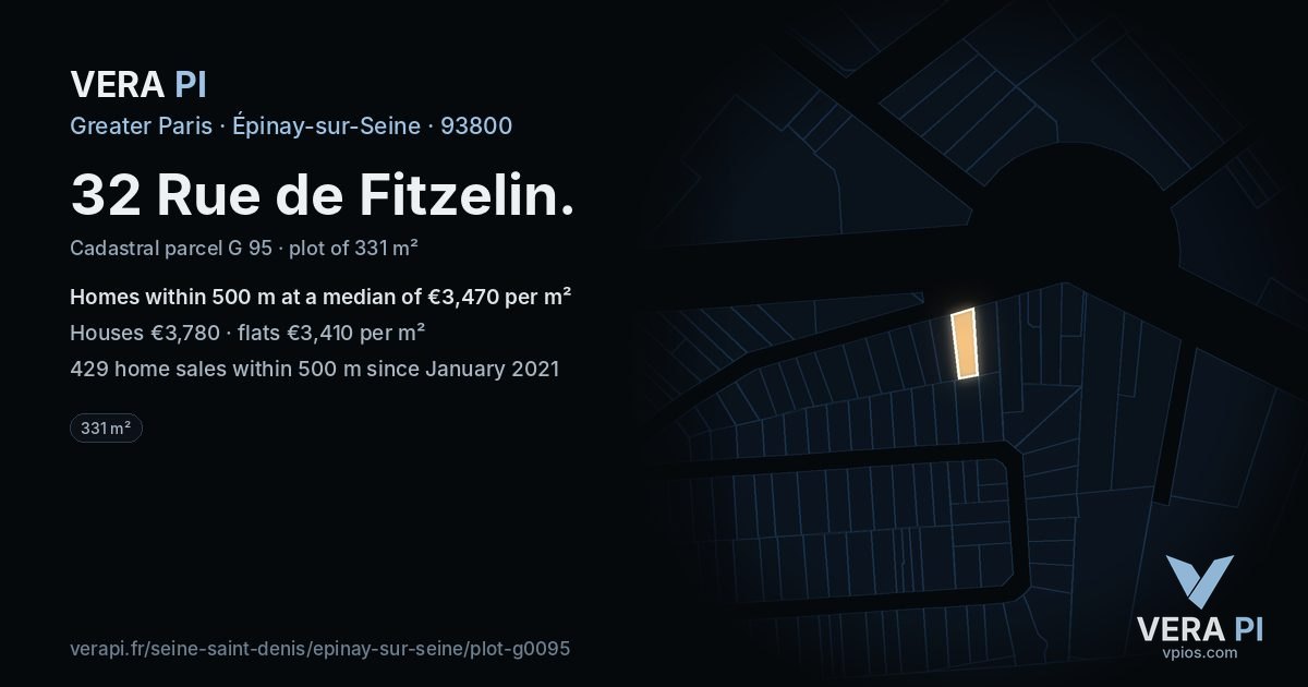 32 Rue de Fitzelin, Épinay-sur-Seine at night – the plot lit, the parcels around coloured by the prices near them