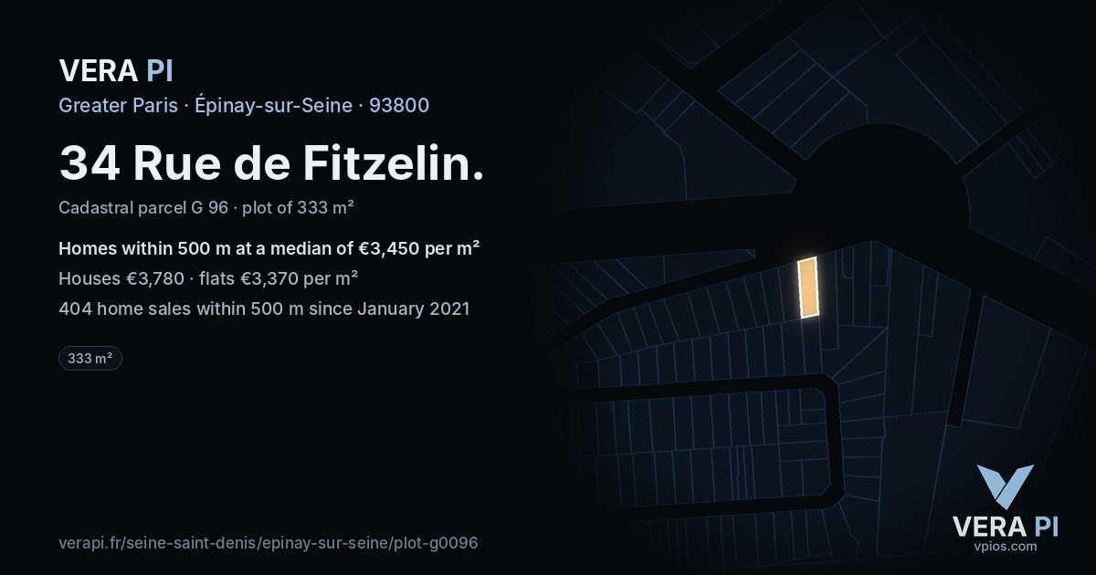 34 Rue de Fitzelin, Épinay-sur-Seine at night – the plot lit, the parcels around coloured by the prices near them