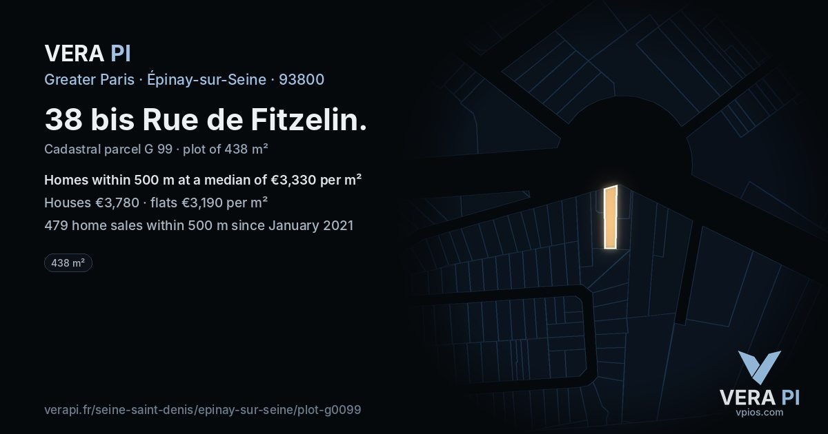 38 bis Rue de Fitzelin, Épinay-sur-Seine at night – the plot lit, the parcels around coloured by the prices near them