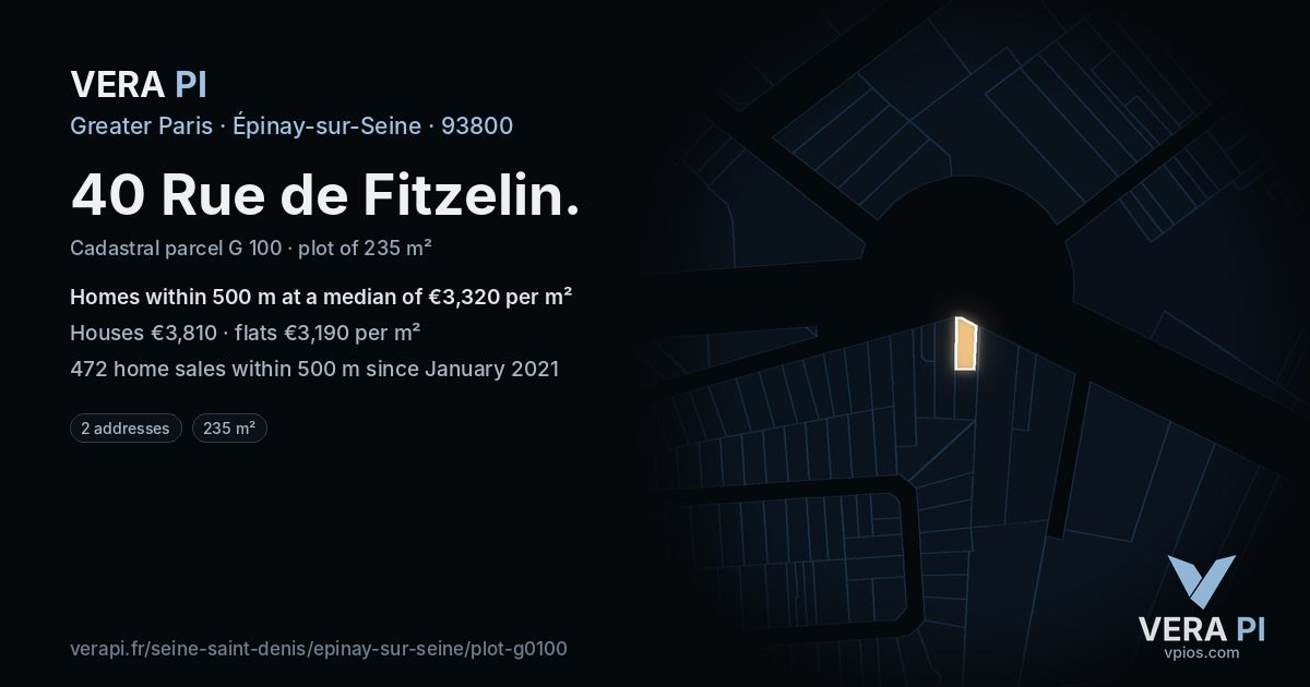 40 Rue de Fitzelin, Épinay-sur-Seine at night – the plot lit, the parcels around coloured by the prices near them